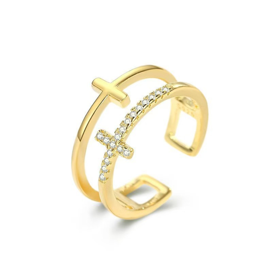 Anel Duplo Cruz da Fé Banhado em Ouro 18K com Zircônias