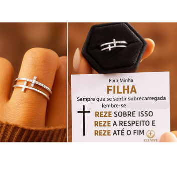 Anel Duplo Cruz da Fé Banhado em Ouro 18K com Zircônias