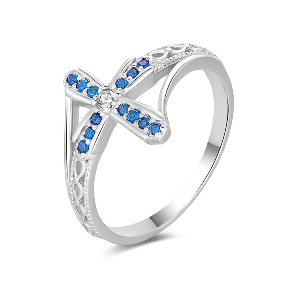 Anel Cruz Celestial em Prata 925 com Zircônias Azuis