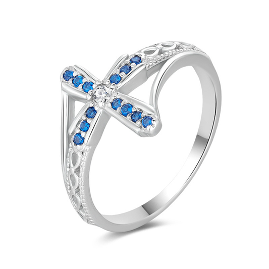 Anel Cruz Celestial em Prata 925 com Zircônias Azuis